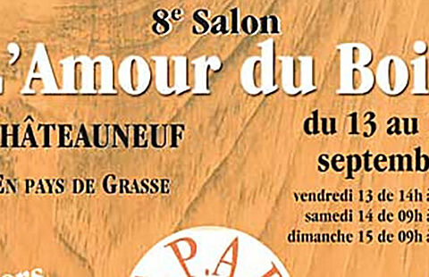 Affiche du salon "L'amour du bois" avec des photos de stands