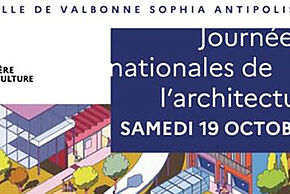 Affiche des journées nationales de l'architecture avec le dessin d'une ville en fond