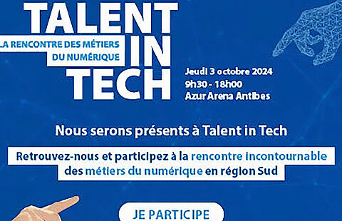 Affiche sur fond bleu de "Talent in Tech" 