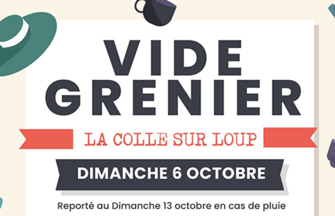 Affiche du vide greniers de la Colle-sur-Loup du 6 octobre avec des desseins de vetements, chaussures, chaises..