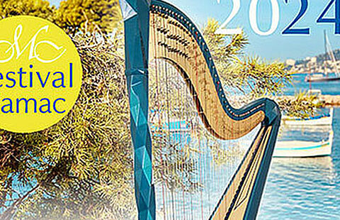 Affiche du festival deharpes camac avec une harpe en premier plan et le port de l'olivette en fond