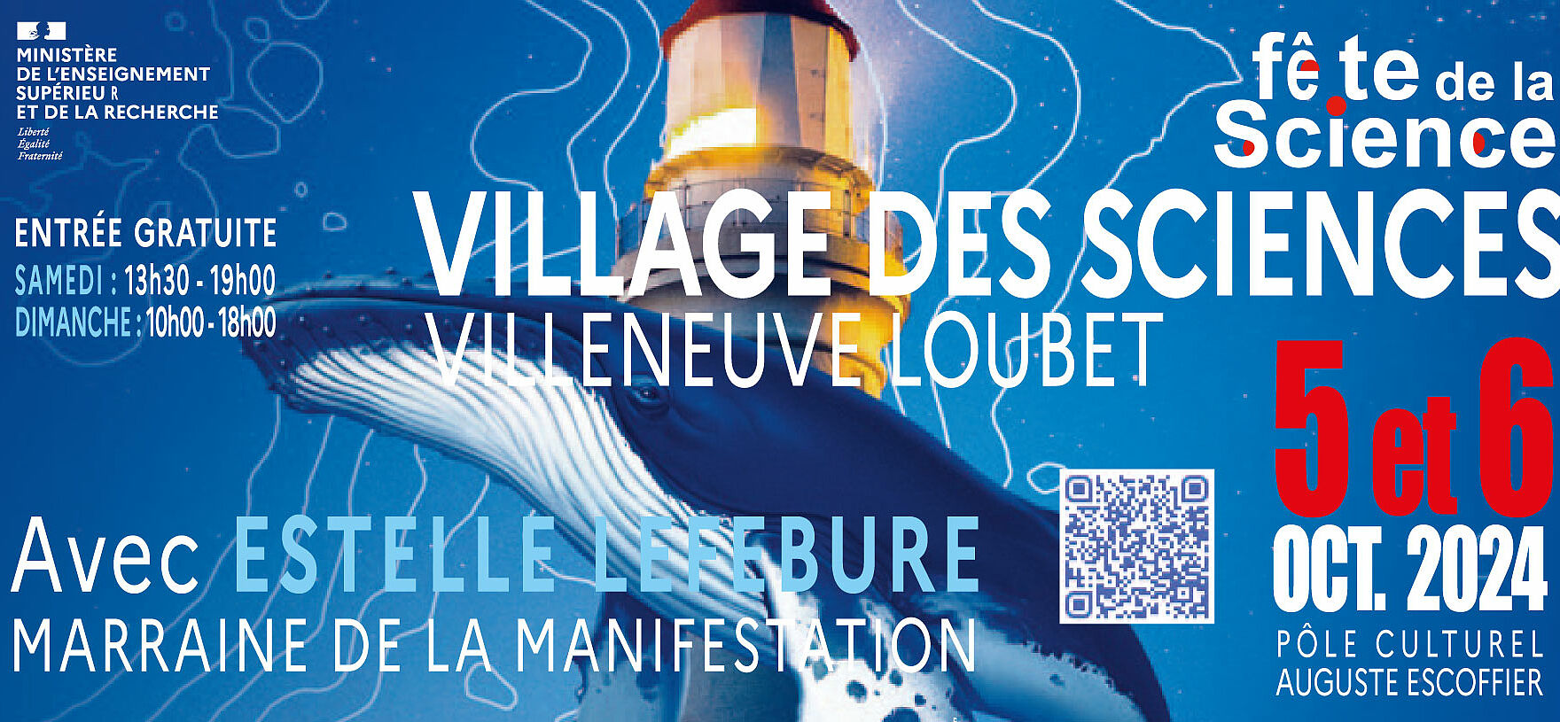 Affiche du village des sciences avec un phare et une baleine sur fond marin