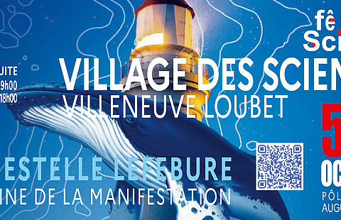 Affiche du village des sciences avec un phare et une baleine sur fond marin