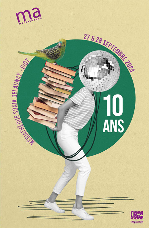 Image de la couverture représentant une personne tenant des livres dans son dos. Une boule disco remplace sa tête et un perroquet est posé sur les livres.