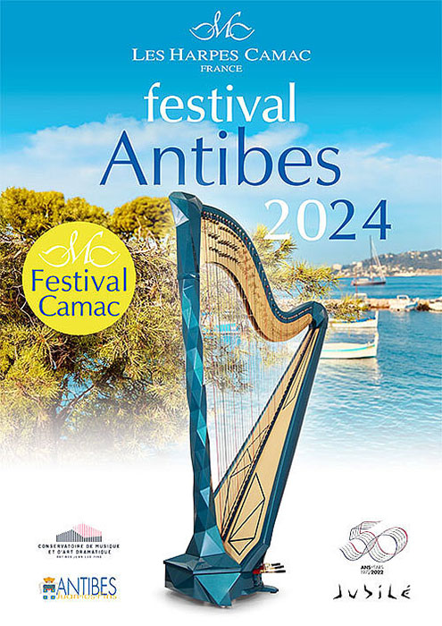 Affiche du festival deharpes camac avec une harpe en premier plan et le port de l'olivette en fond