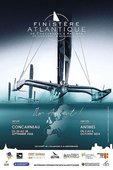 Affiche monochrome montrant un Ultim navigant sur l'atlantique