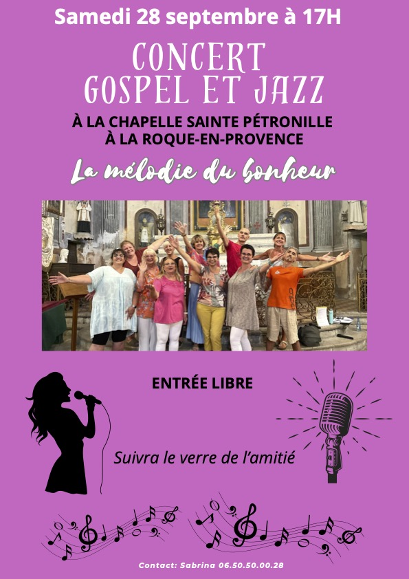 Affiche du concert rose avec la photo des chanteurs dans l'église