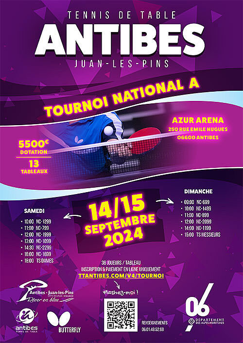 Affiche du tournoi National A de Tennis de table avec les dates samedi de 10h à 18h et dimanche de 9h à 15h